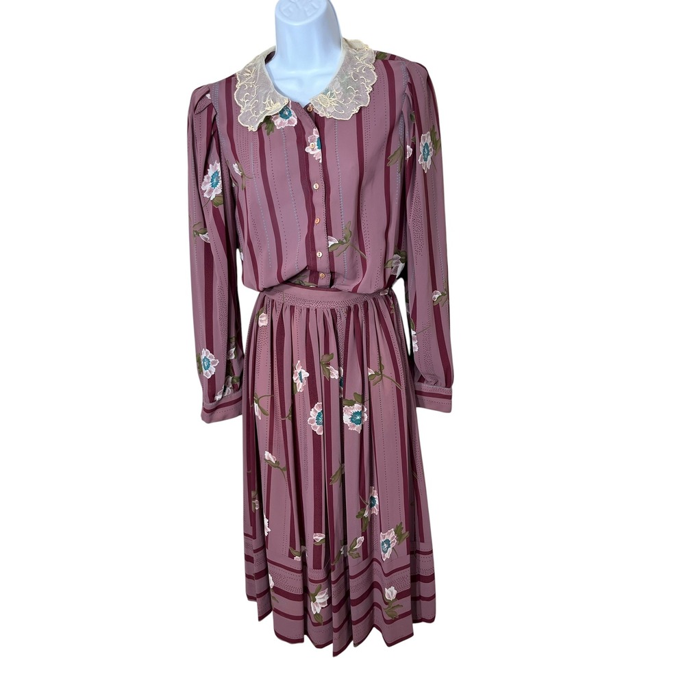 Vintage Campus‎ Casuals Striped Floral Skirt and Blouse Outfit Size Small